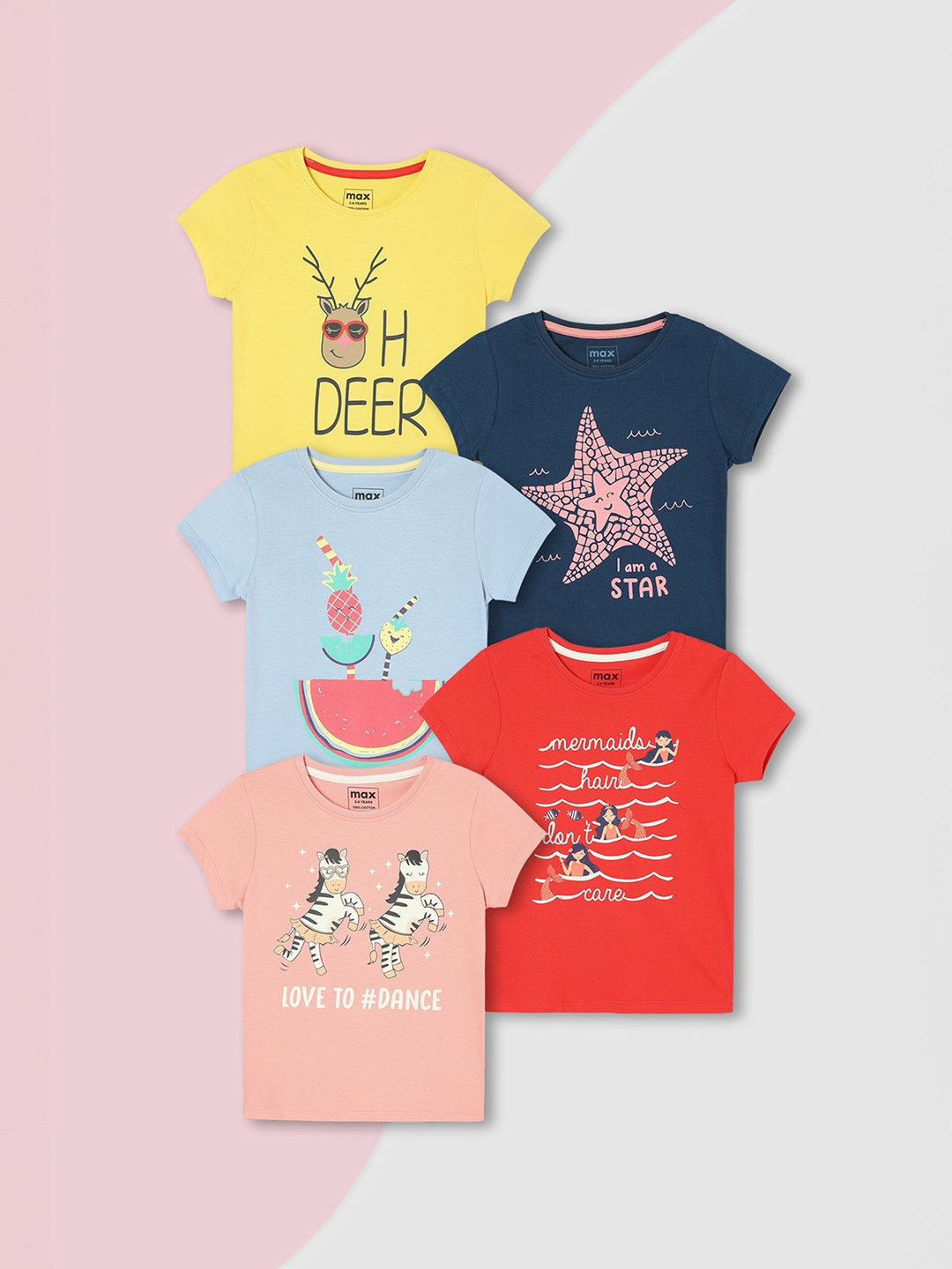 

max Girls Pack of 5 Graphic Printed T-shirt, Multi