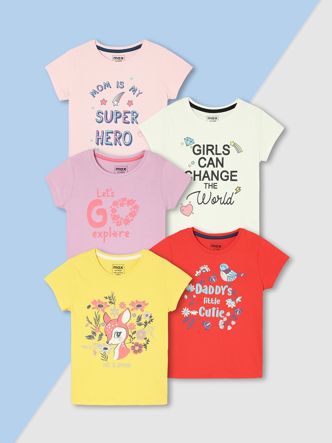 

Max Girls Pack of 5 Typography Printed Cotton T-Shirt, White
