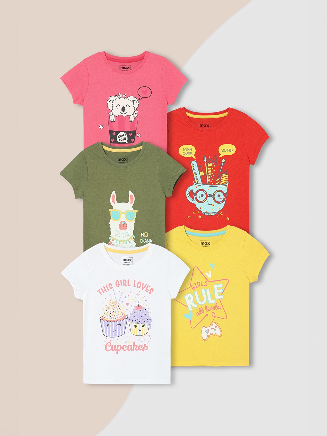 

Max Girls Pack of 5 Graphic Printed Cotton T-Shirt, Pink