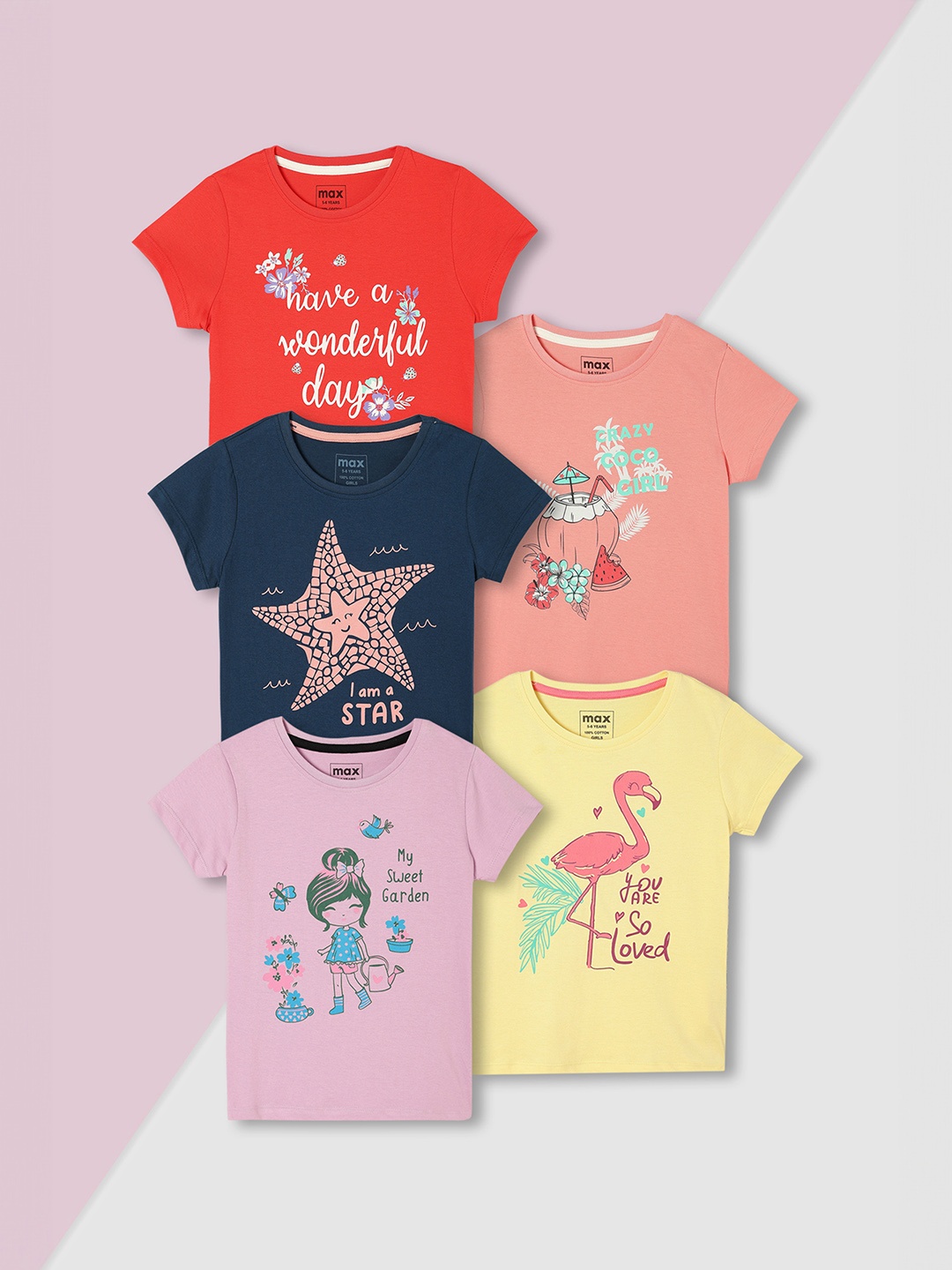 

max Girls Pack of 5 Graphic Printed T-shirt, Multi