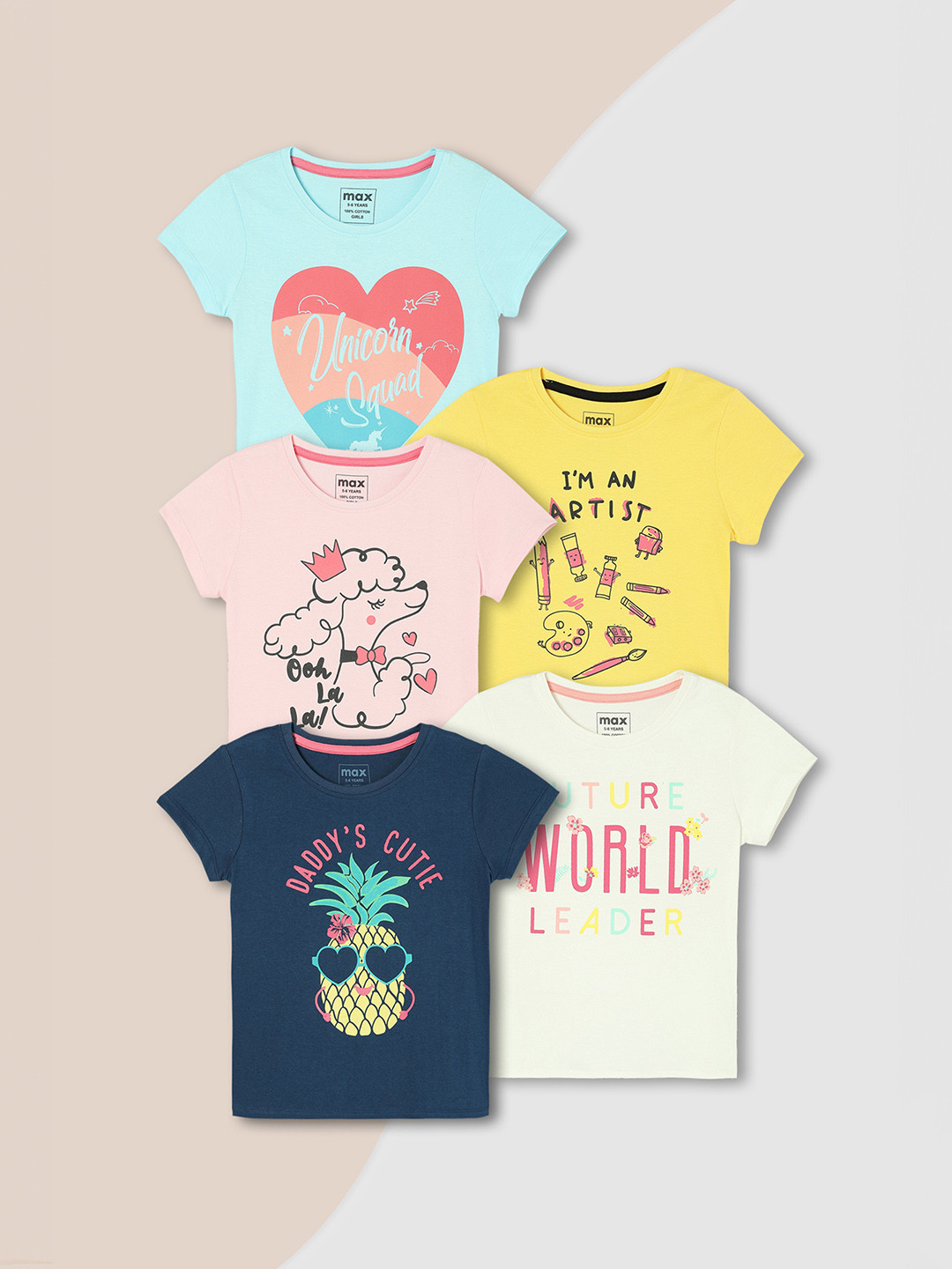 

Max Girls Graphic Printed T-Shirt - Pack of 5, Multi