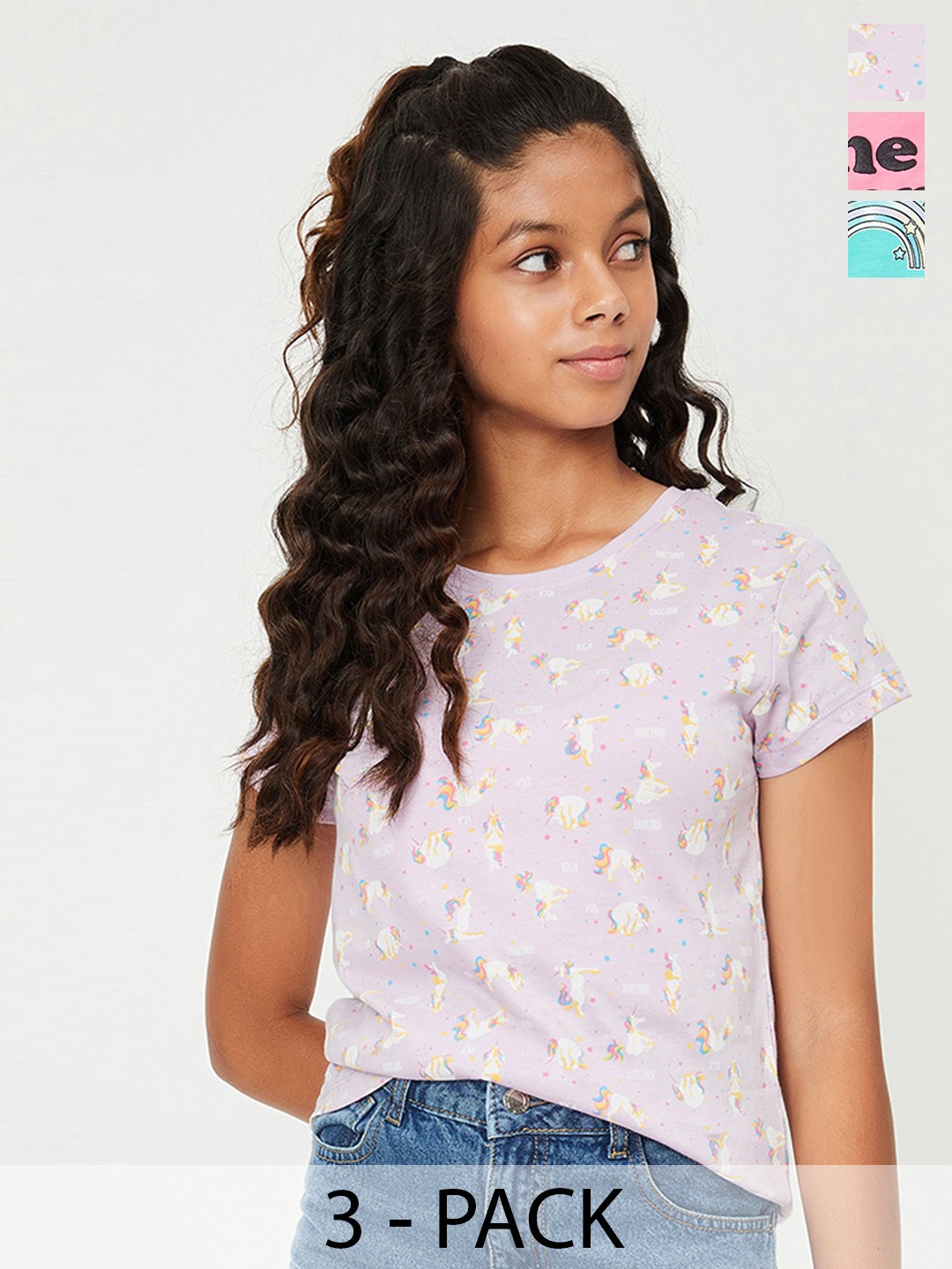 

max Girls Pack of 3 Cotton Graphic Printed T-shirt, Pink