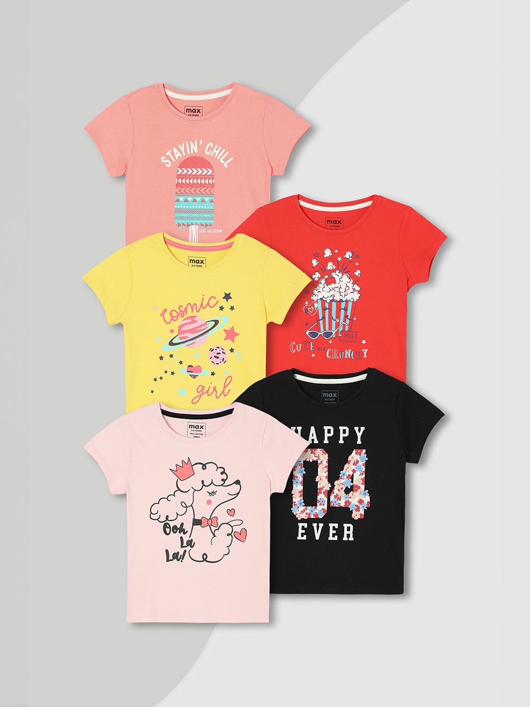 

max Girls Pack of 5 Graphic Printed Cotton T-shirt, Yellow