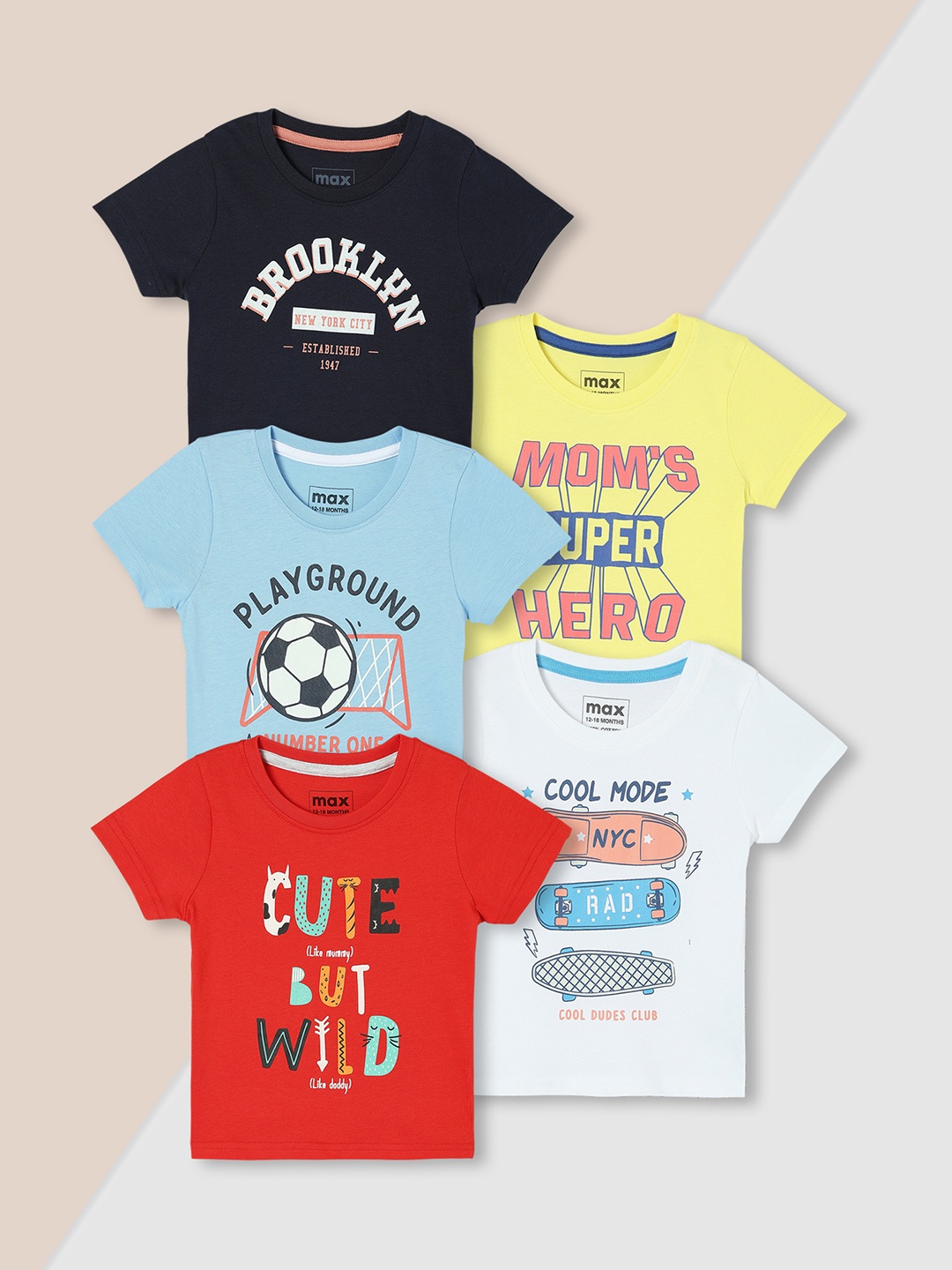 

Max Pack of 5 Boys Cotton Typography Printed Casual T-Shirt, Black