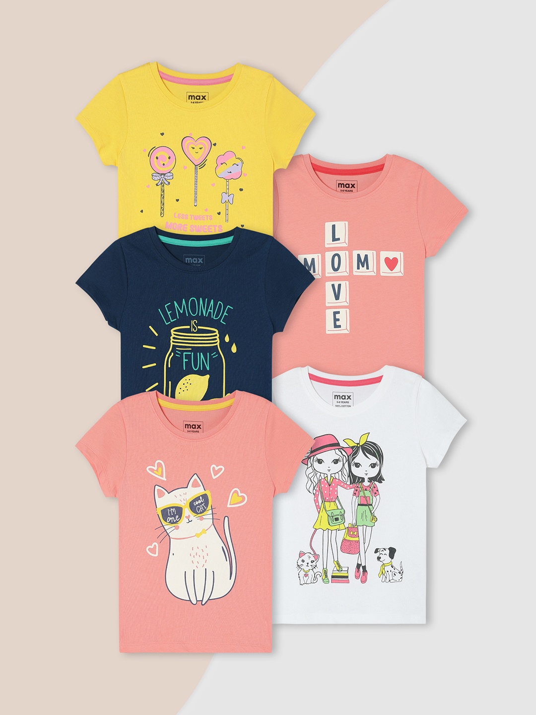 

Max Girls Pack of 5 Graphic Printed Cotton T-shirt, Yellow