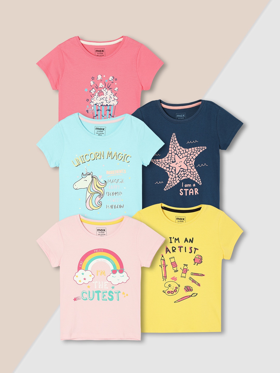 

Max Girls Pack of 5 Typography Printed Cotton T-shirt, Pink