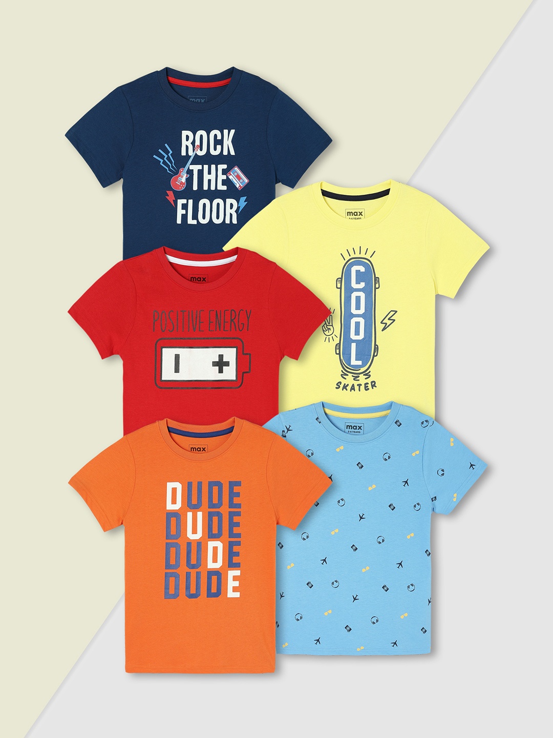 

max Boys Pack of 5 Cotton Graphic Printed T-shirt, Red