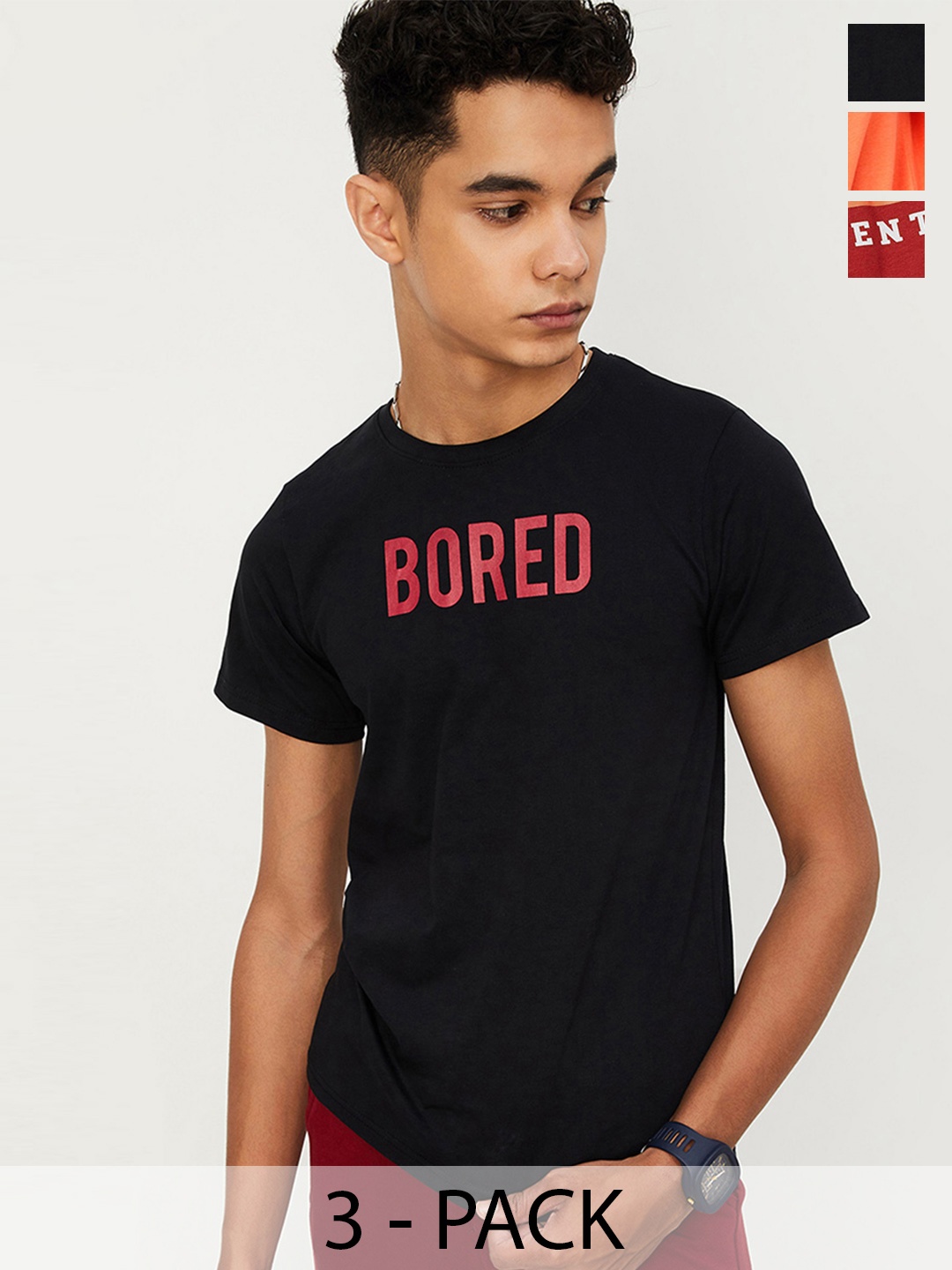 

max Boys Pack of 3 Typography Printed Cotton T-shirt, Orange
