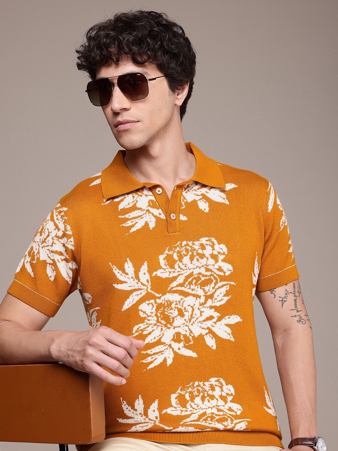 

French Connection Floral Knitted Polo Collar Bio Finish T-shirt, Mustard