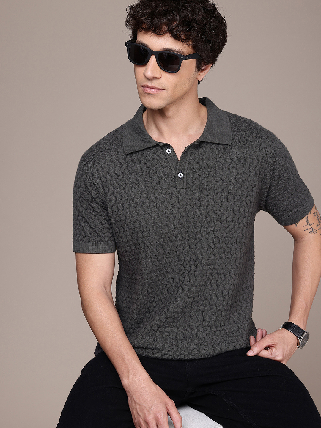 

French Connection Polo Collar Bio Finish T-shirt, Grey