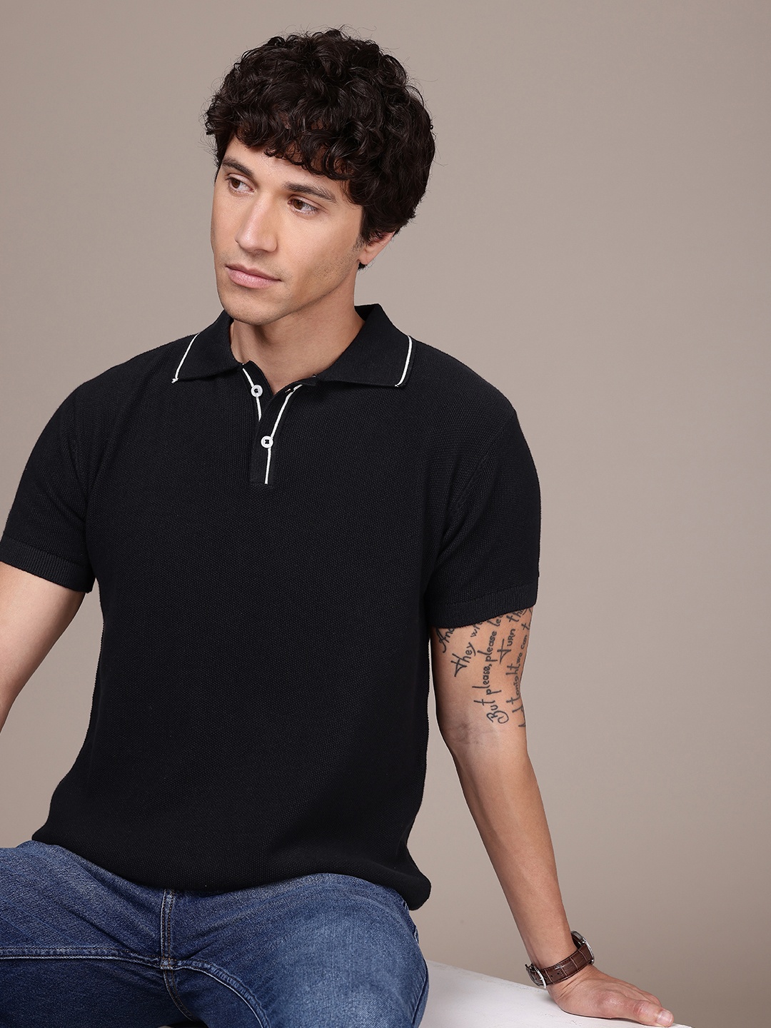 

French Connection Polo Collar Bio Finish T-shirt, Black