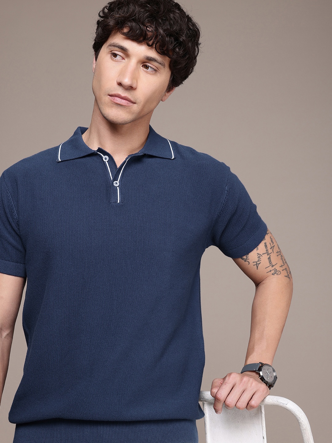 

French Connection Polo Collar Bio Finish T-shirt, Blue