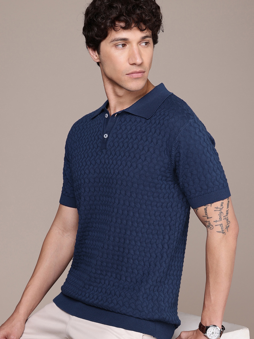 

French Connection Knitted Polo Collar Bio Finish T-shirt, Blue