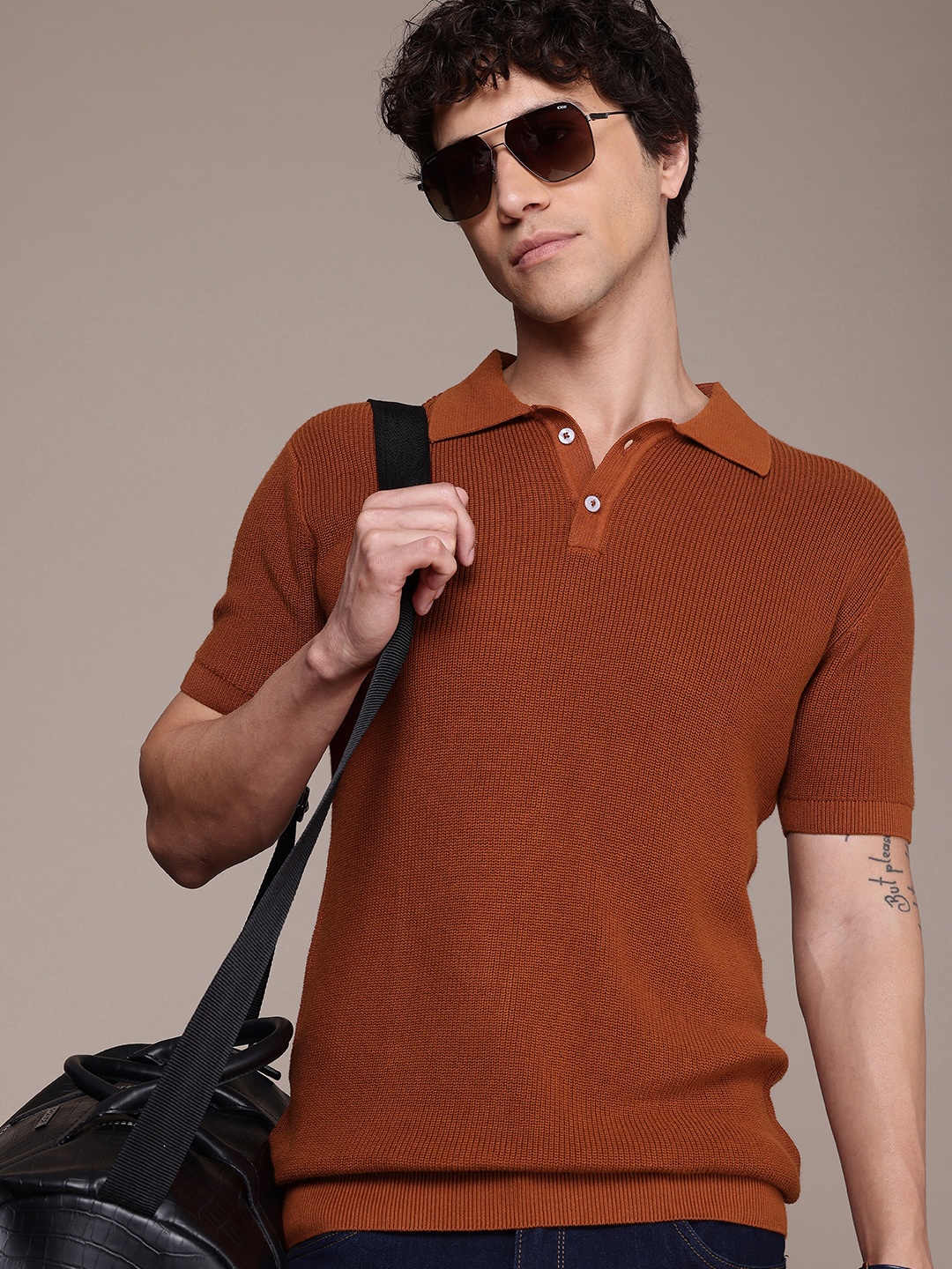 

French Connection Polo Collar Bio Finish T-shirt, Rust