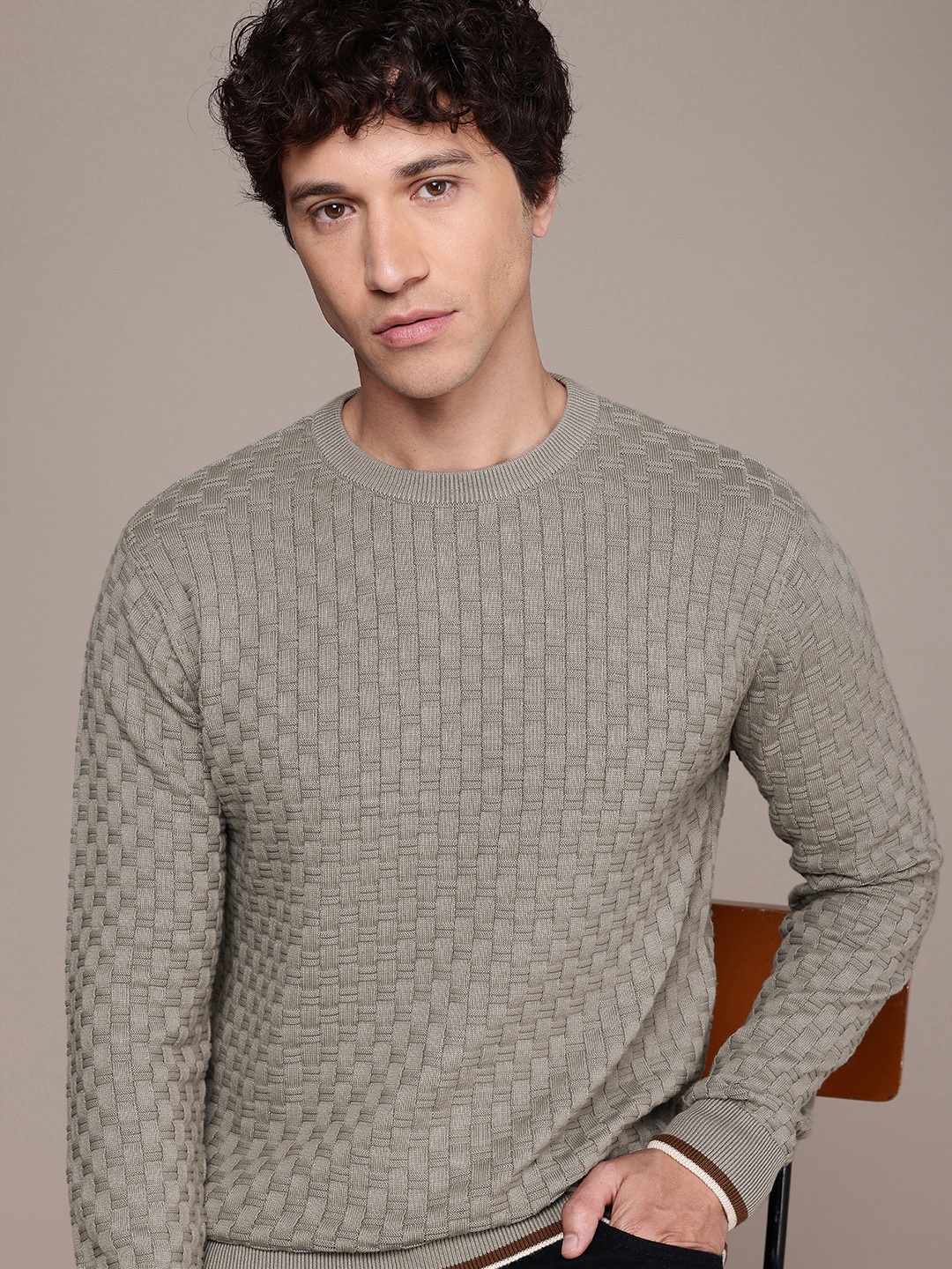 

French Connection Self Design Knitted Pullover Sweatshirts, Grey