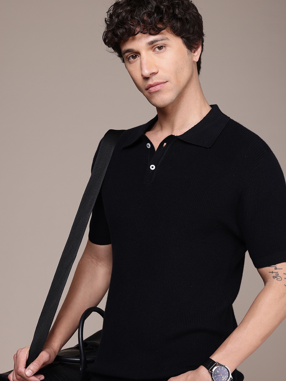 

French Connection Knitted Polo Collar Bio Finish T-shirt, Black