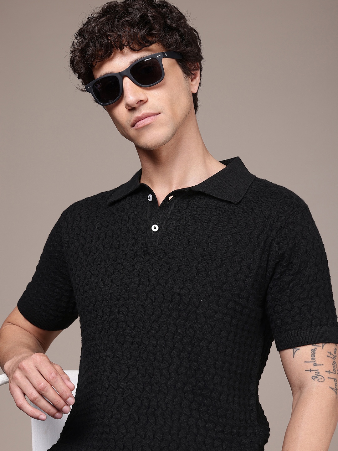 

French Connection Polo Collar Bio Finish T-shirt, Black