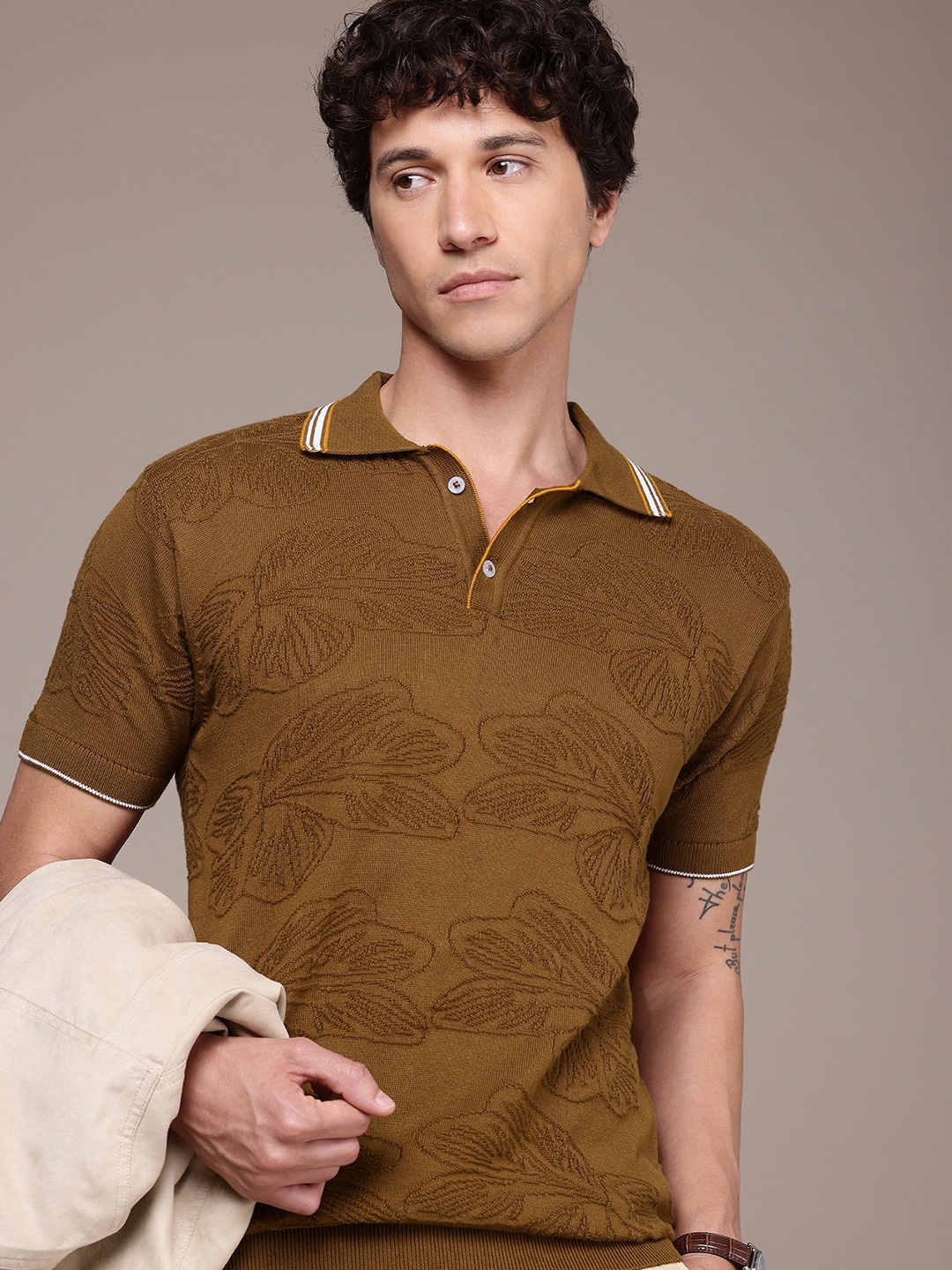 

French Connection Polo Collar Bio Finish T-shirt, Camel brown