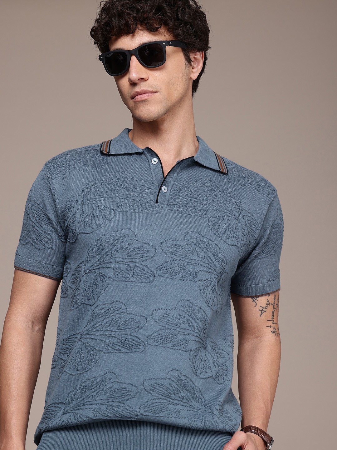 

French Connection Knitted Polo Collar Bio Finish T-shirt, Blue