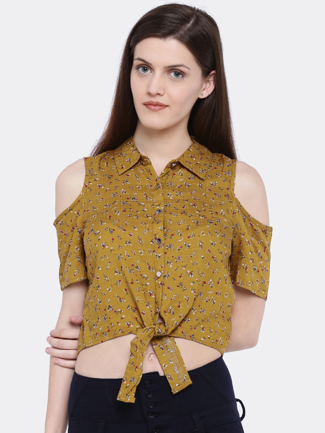 

Deal Jeans Women Mustard Yellow Floral Printed Cropped Shirt