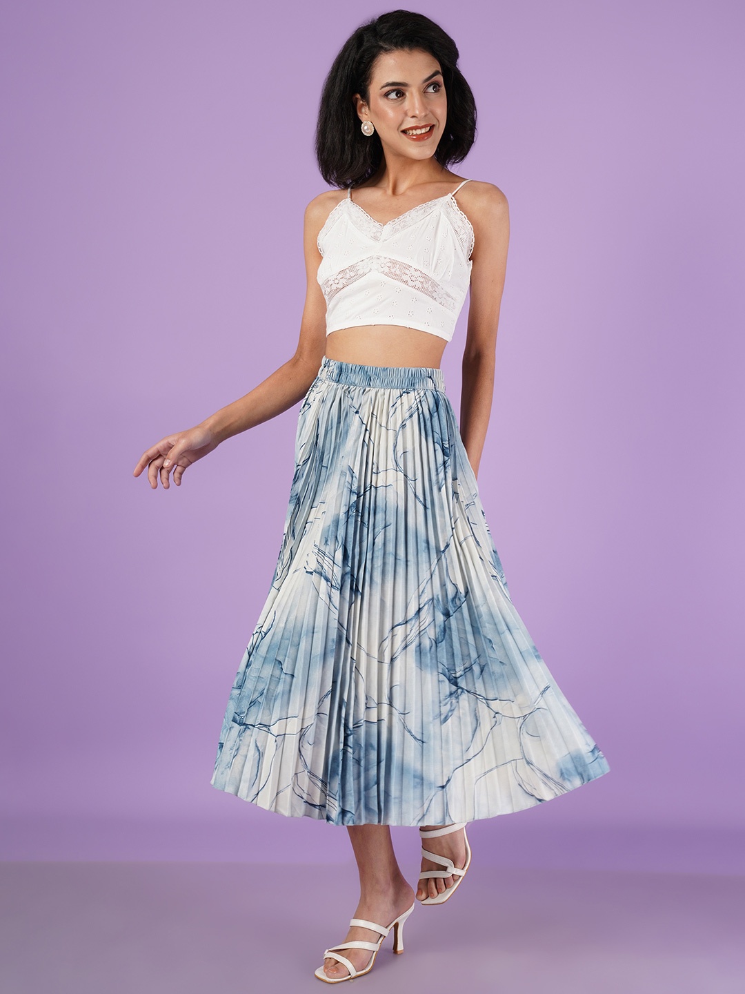 

ZWERLON Women Printed Pleated Midi A-Line Skirt, Grey