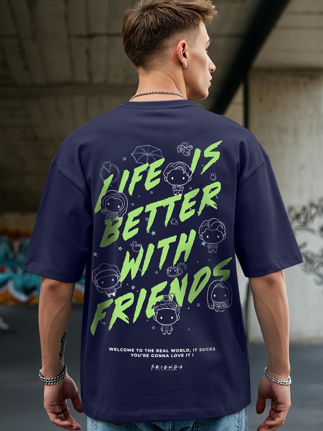 

Bewakoof Men Typography Printed Round Neck Cotton Oversized T-shirt, Blue