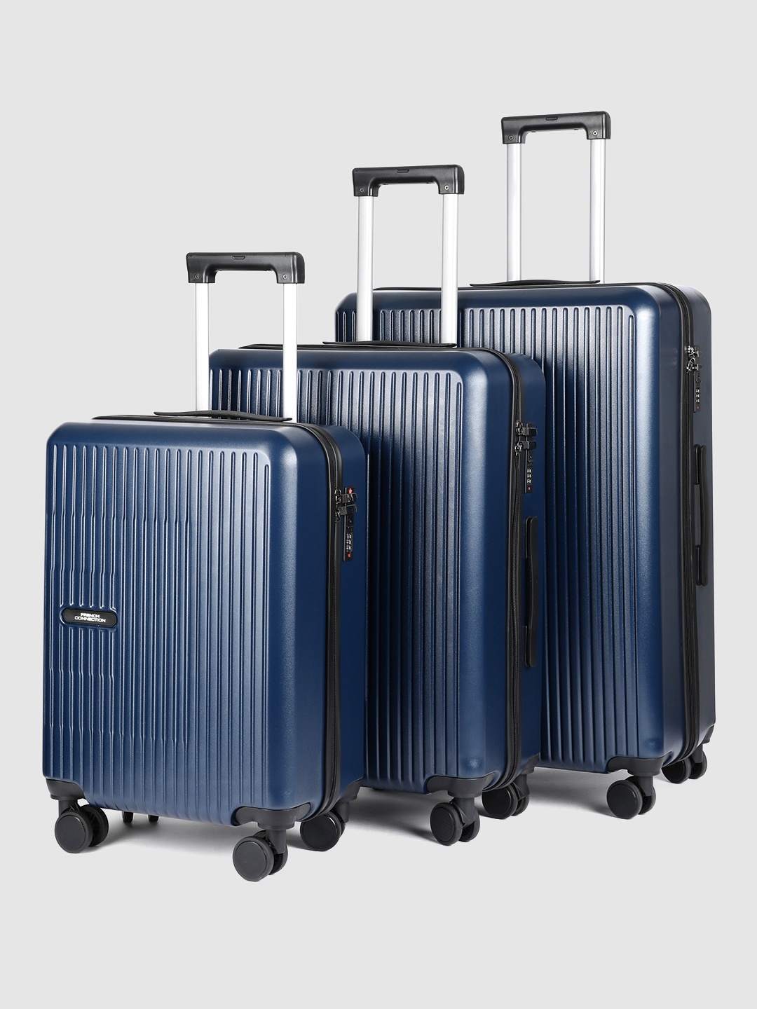 

French Connection Set Of 3 Glanza Q10 360 Degree Rotation Hard-Sided Trolley Bags - 238L, Navy blue