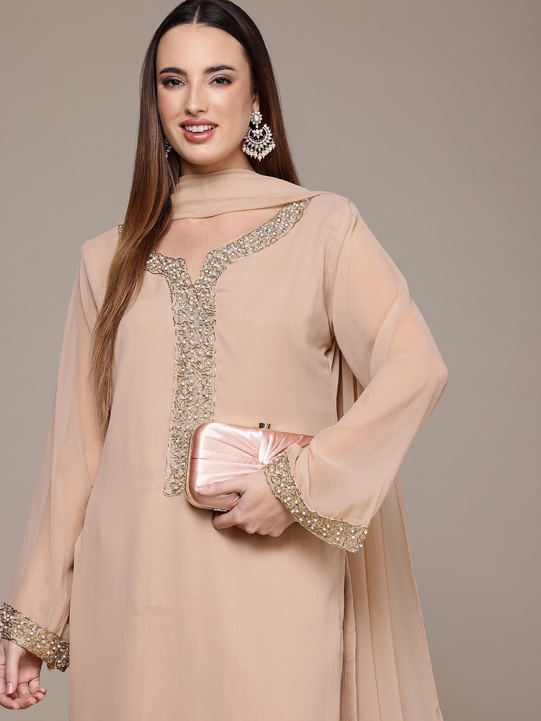 

GLAMONY Yoke Design Beads & Stones Kurta With Trousers & Dupatta, Beige