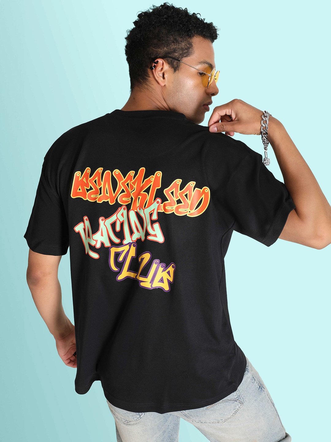 

Bene Kleed Men Graphic Puff Print Cotton Oversized T-shirt, Black