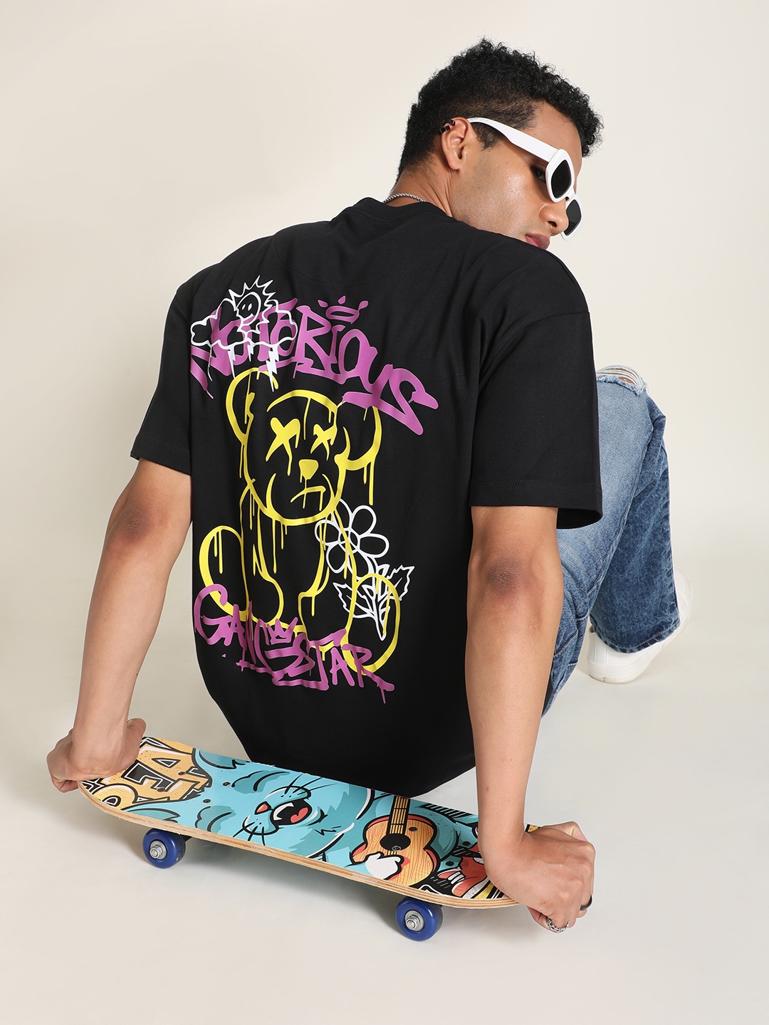 Bene Kleed Men Printed Oversized Cotton T-shirt, Black