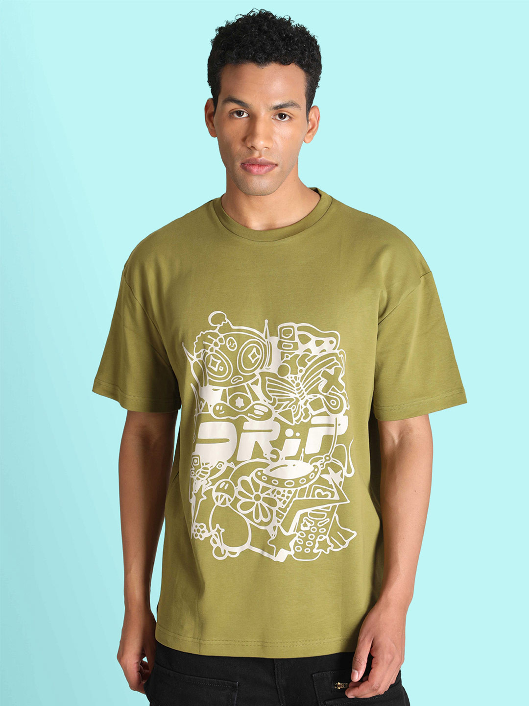 

Bene Kleed Men Cotton Oversized Printed T-shirt, Olive