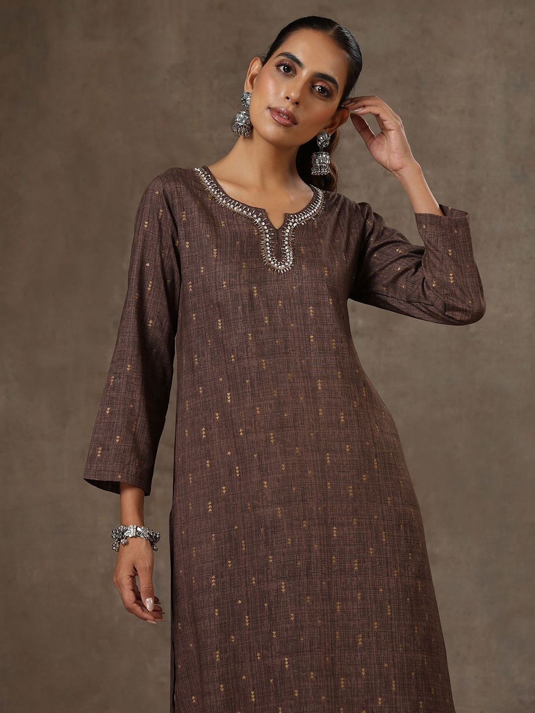 

House of Chikankari HOC Crafts Hand Embroidered Printed Kurta, Brown