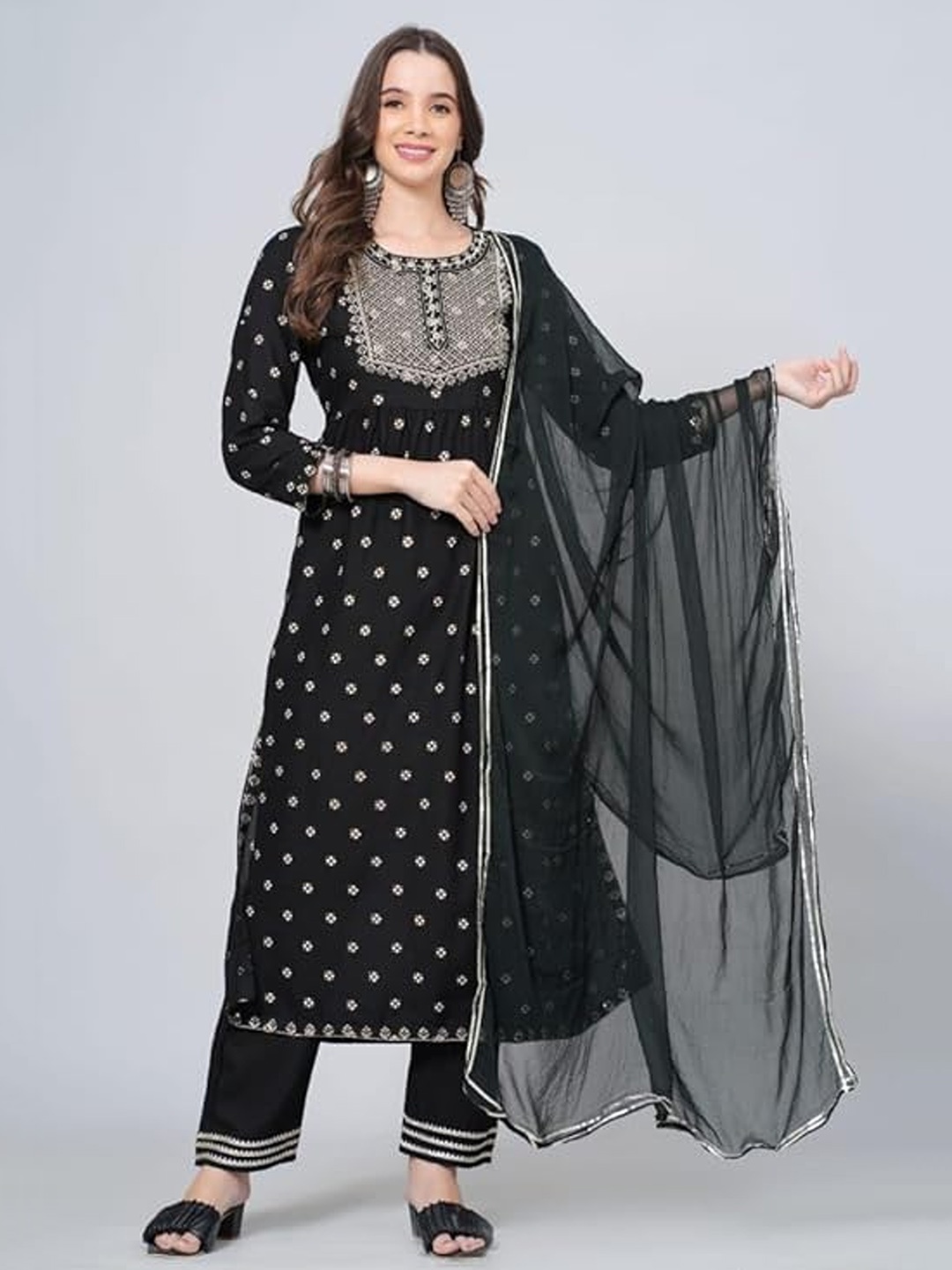 KALINI Floral Printed A-Line Kurta With Palazzos & Dupatta, Black