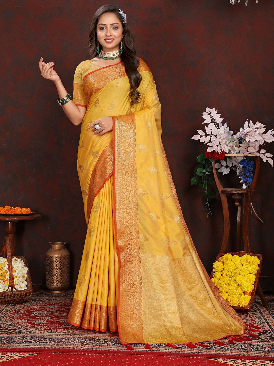 

Zeekha Woven Design Zari Pure Silk Traditional Kanjeevaram Saree, Mustard