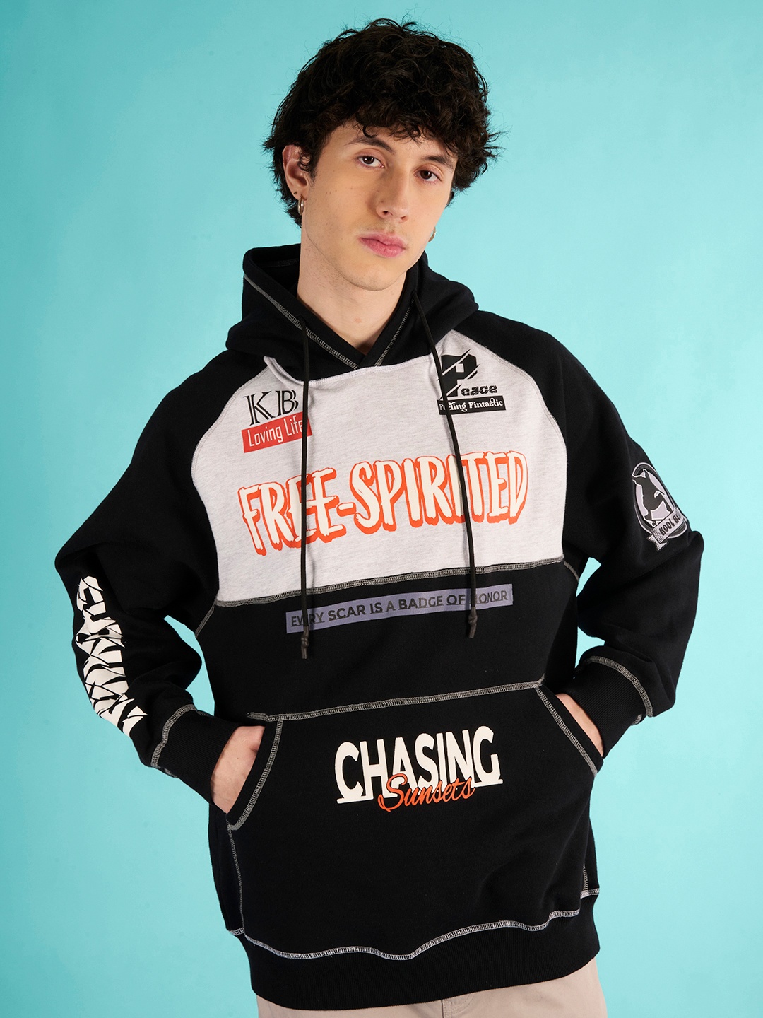 

URA STREET Men Typography Printed Hood Cotton Pullover Sweatshirt, Black