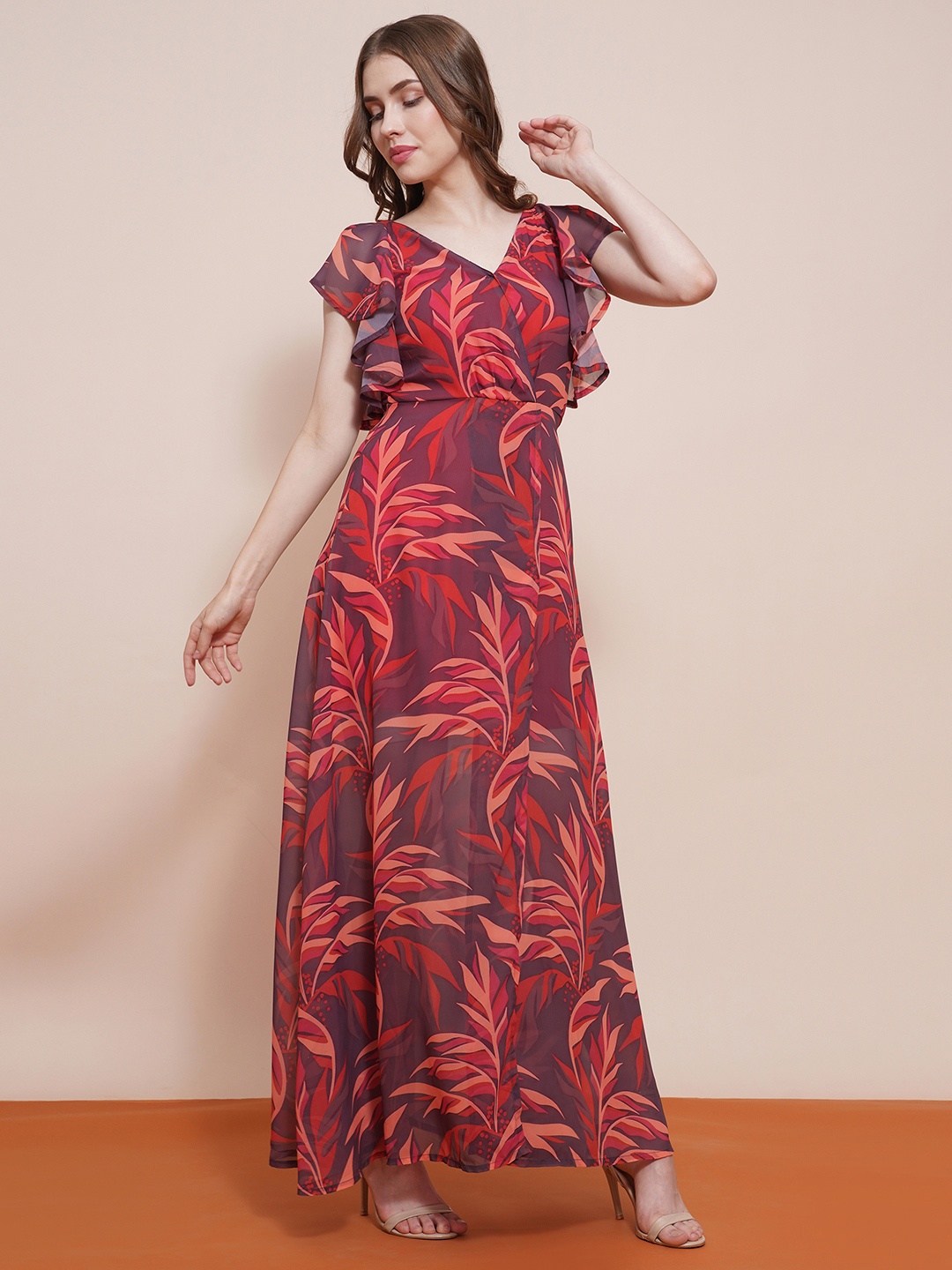 

Globus Women V-Neck Flutter Sleeves Tropical Printed Front Slit Fit & Flare Maxi Dress, Brown