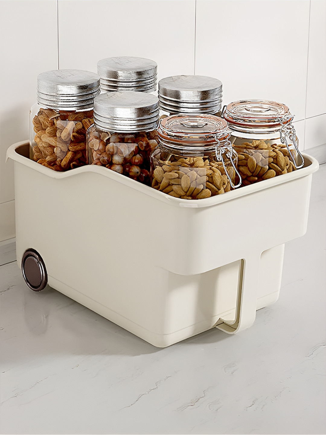 

HOUSE OF QUIRK Multi Purpose Kitchen Cabinet Organizer Basket With Wheels, Cream