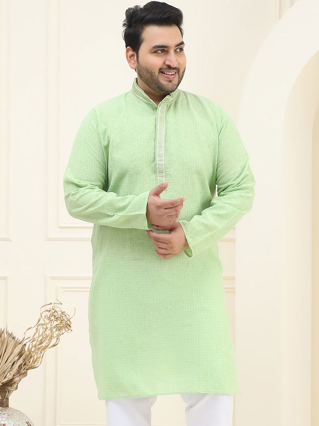 

SOJANYA PLUS Plus Size Mandarin Collar Pure Cotton Straight Kurta, Sea green
