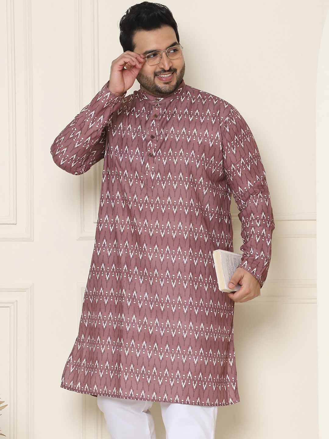 

SOJANYA PLUS Chevron Printed Mandarin Collar Regular Cotton Straight Kurta, Brown