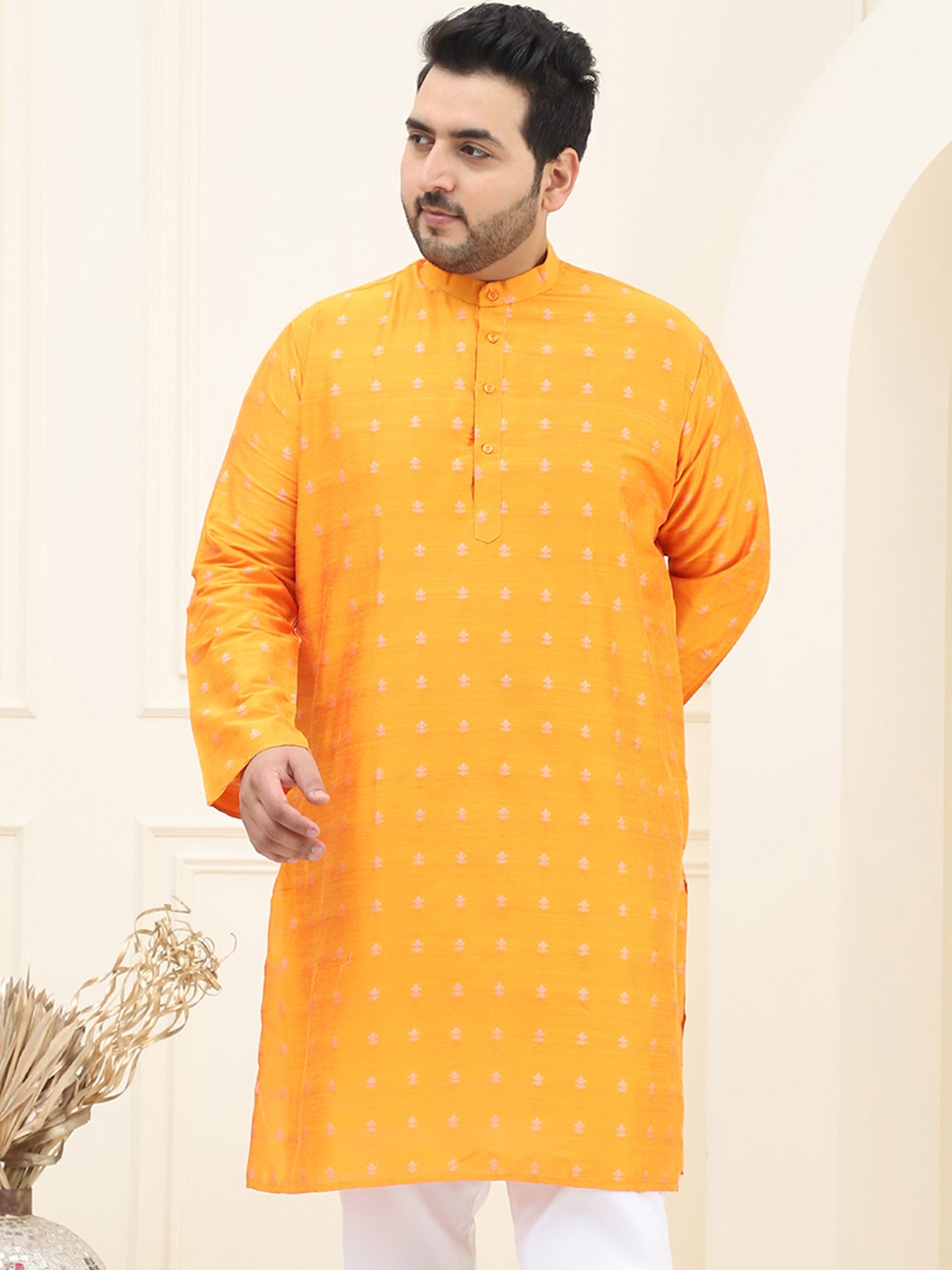 

SOJANYA PLUS Size Floral Woven Design Band Collar Straight Kurta, Orange