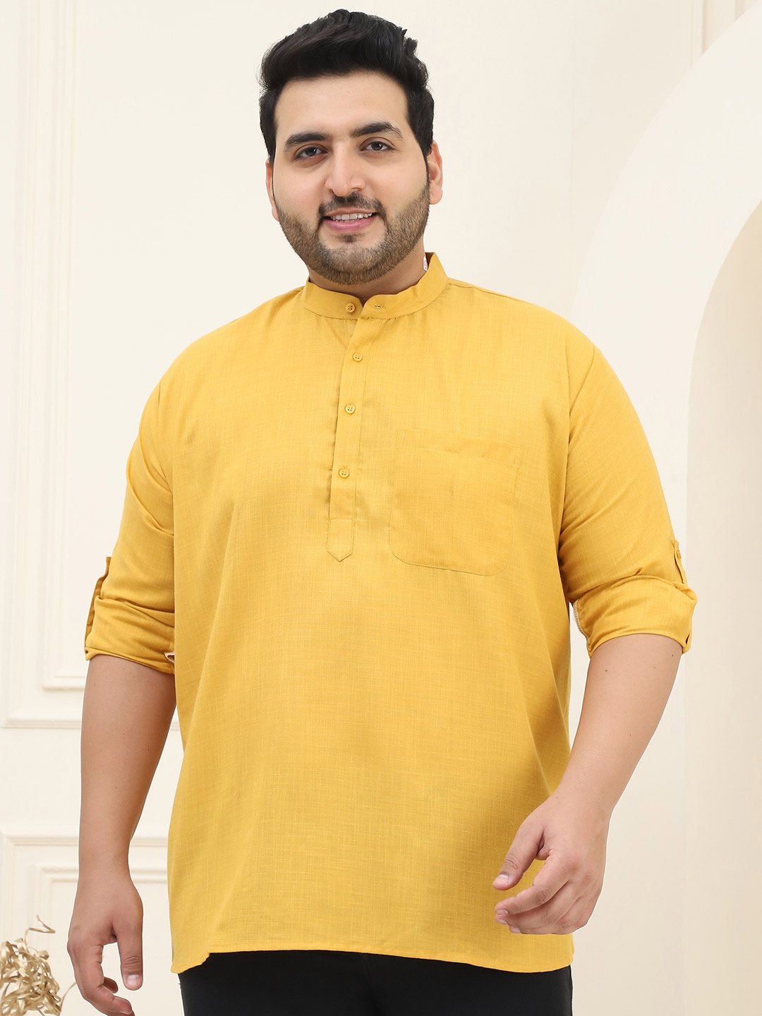 

SOJANYA PLUS Band Collar Neck Long Sleeves Regular Cotton Straight Kurta, Mustard
