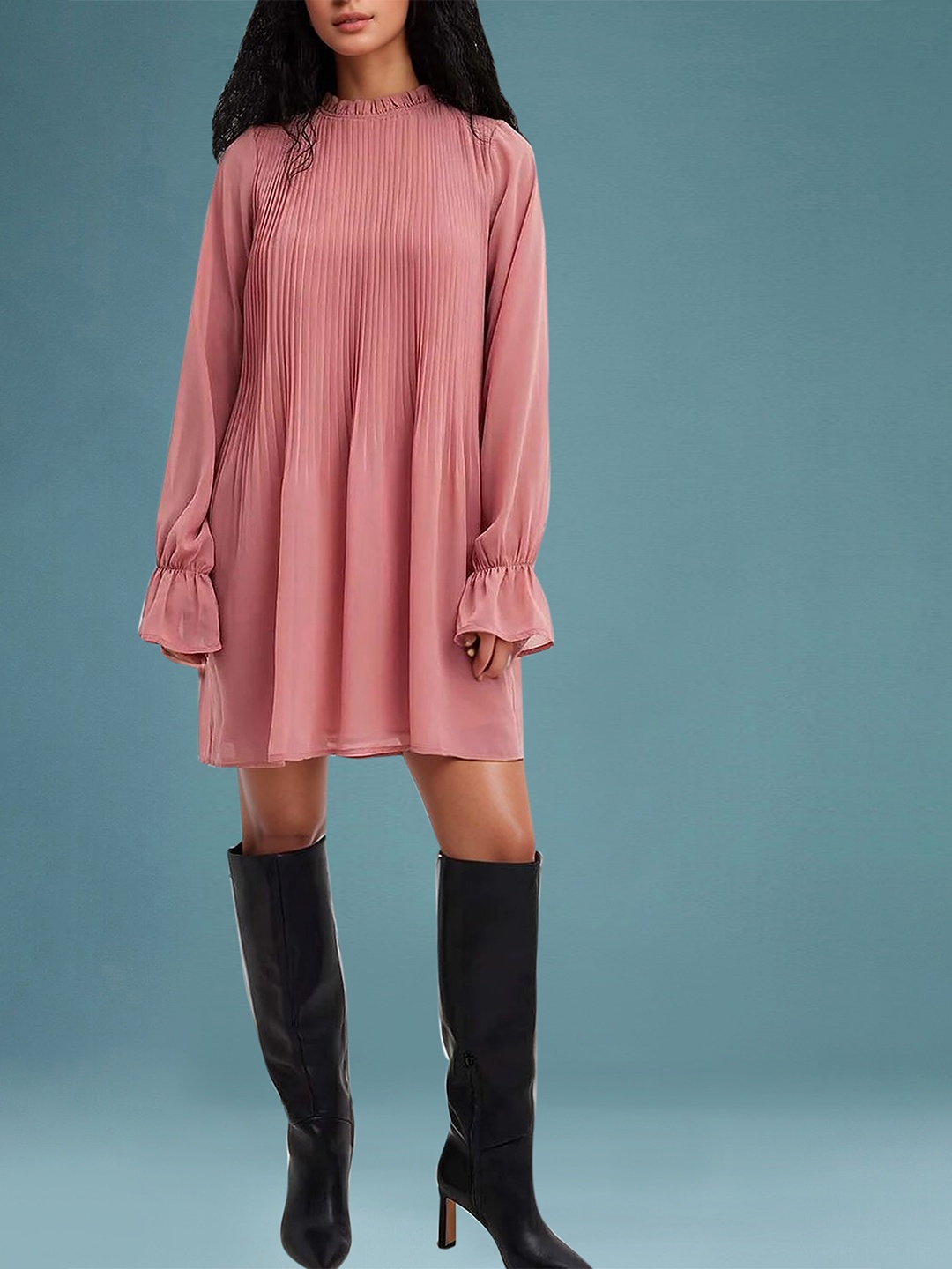 

DressBerry Women's Pink Solid Georgette Above Knee Dress