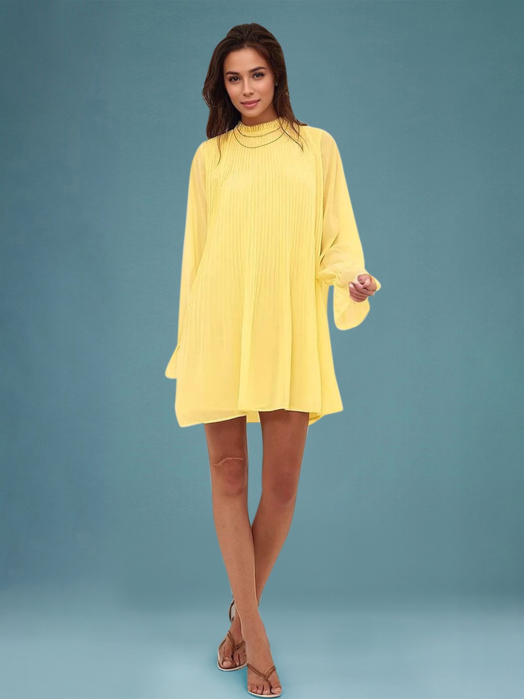 

DressBerry Women's Light Mustard Solid Georgette Above Knee Dress, Yellow