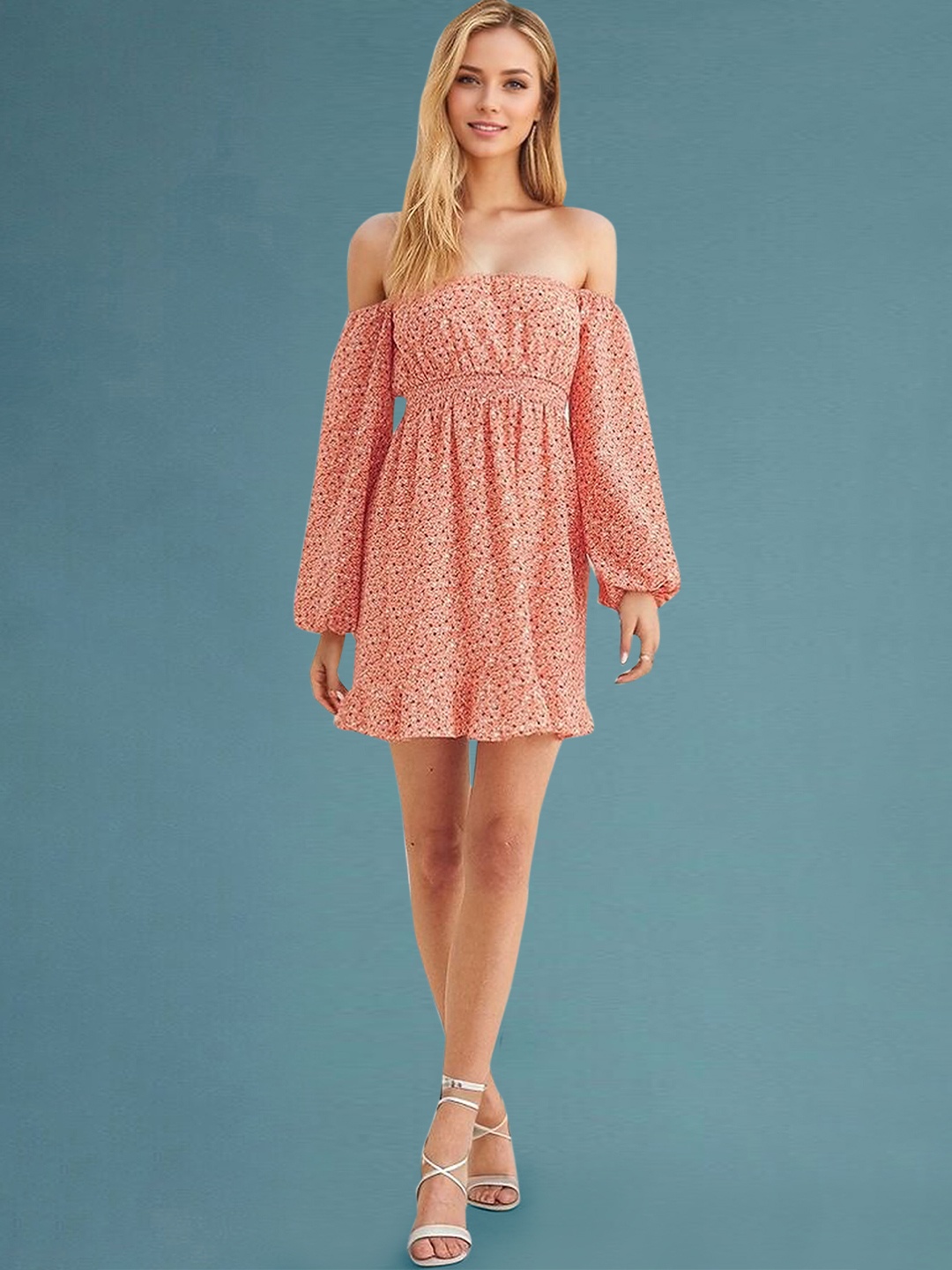 

DressBerry Women's Orange Floral Georgette Mini Dress