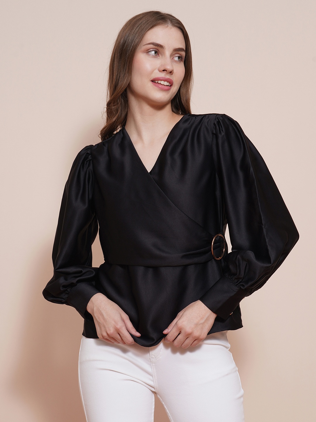 

Globus Women Black Wrap Neck Cuffed Sleeves Buckle Detail Satin Workwear Top