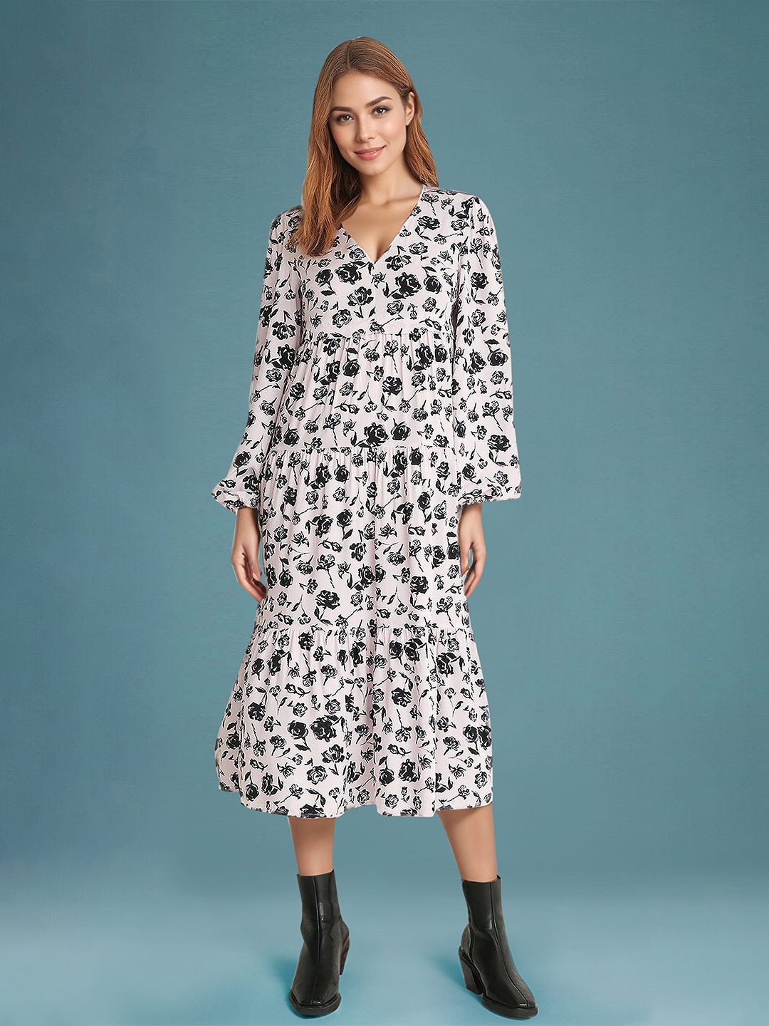 

DressBerry Women's Light Grey Floral Poly Rayon Calf Length Dress, Off white