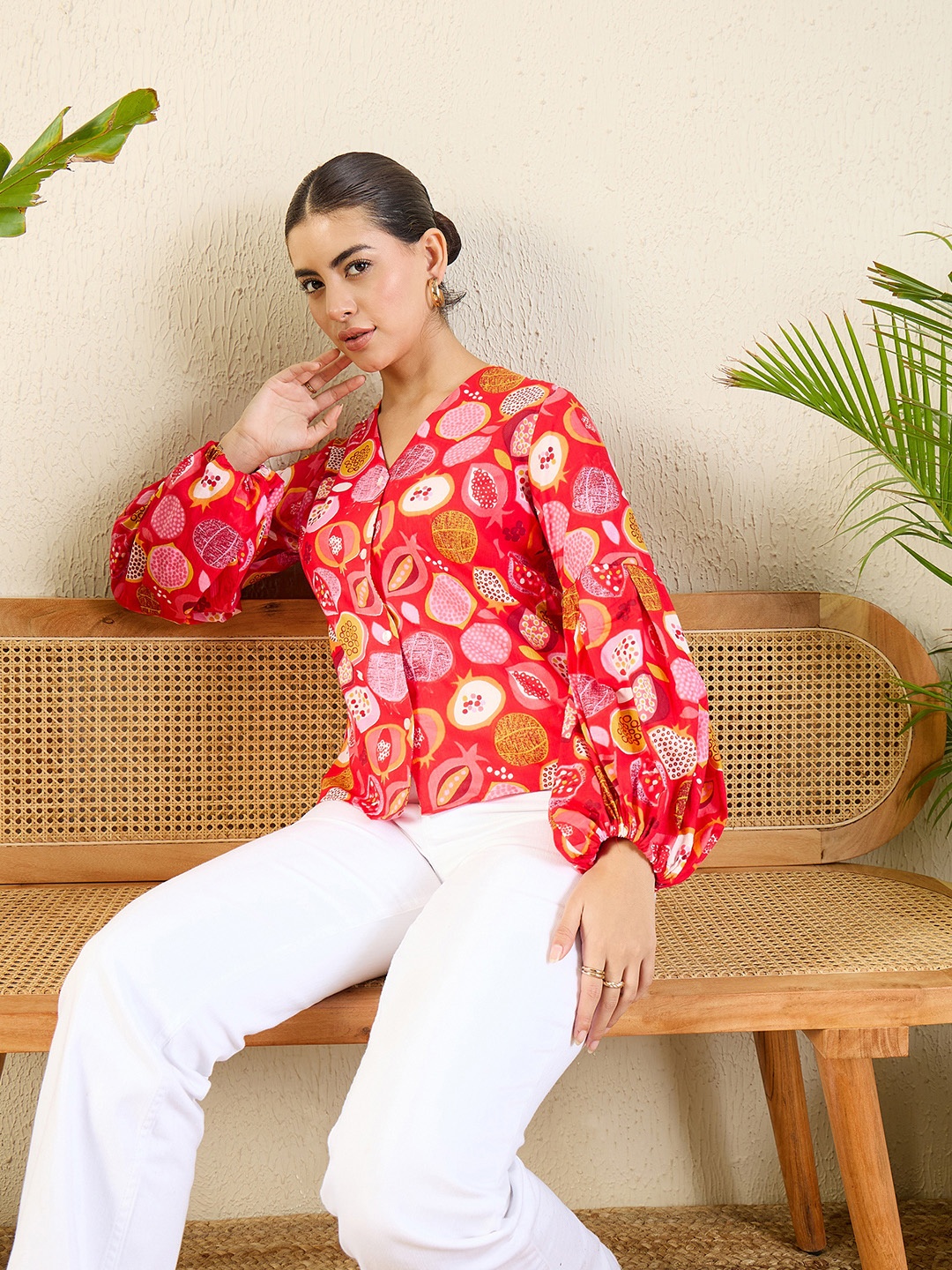 

Uptownie Printed Cotton Shirt with Balloon Sleeves, Red