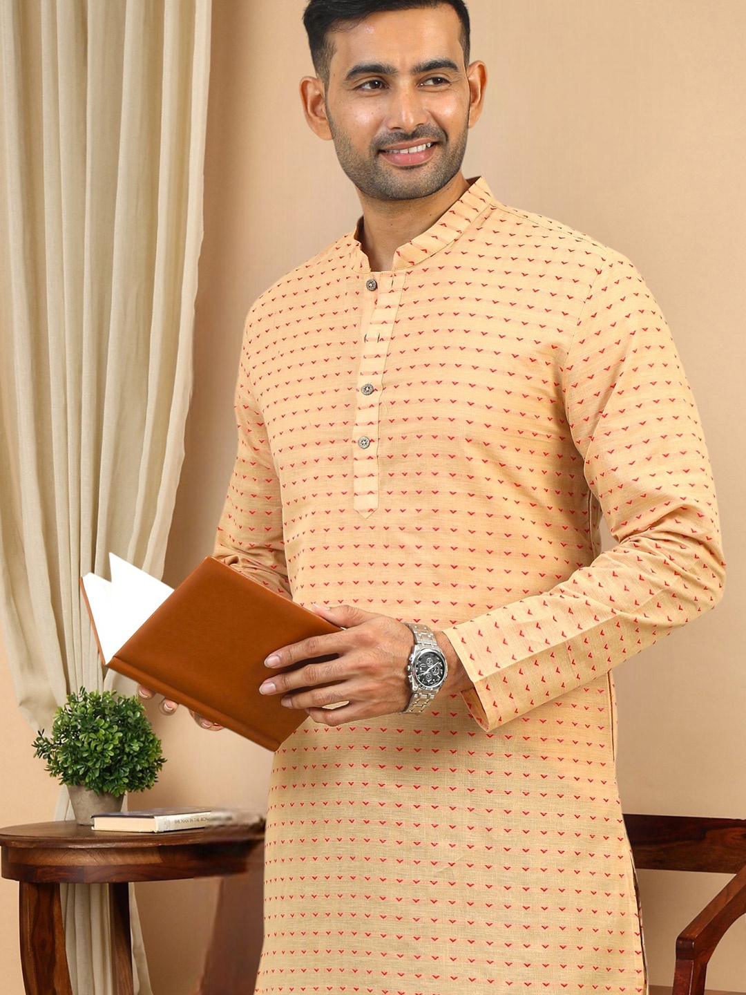 

TATTVA Geometric Woven Design Mandarin Collar Pure Cotton Straight Kurta, Beige