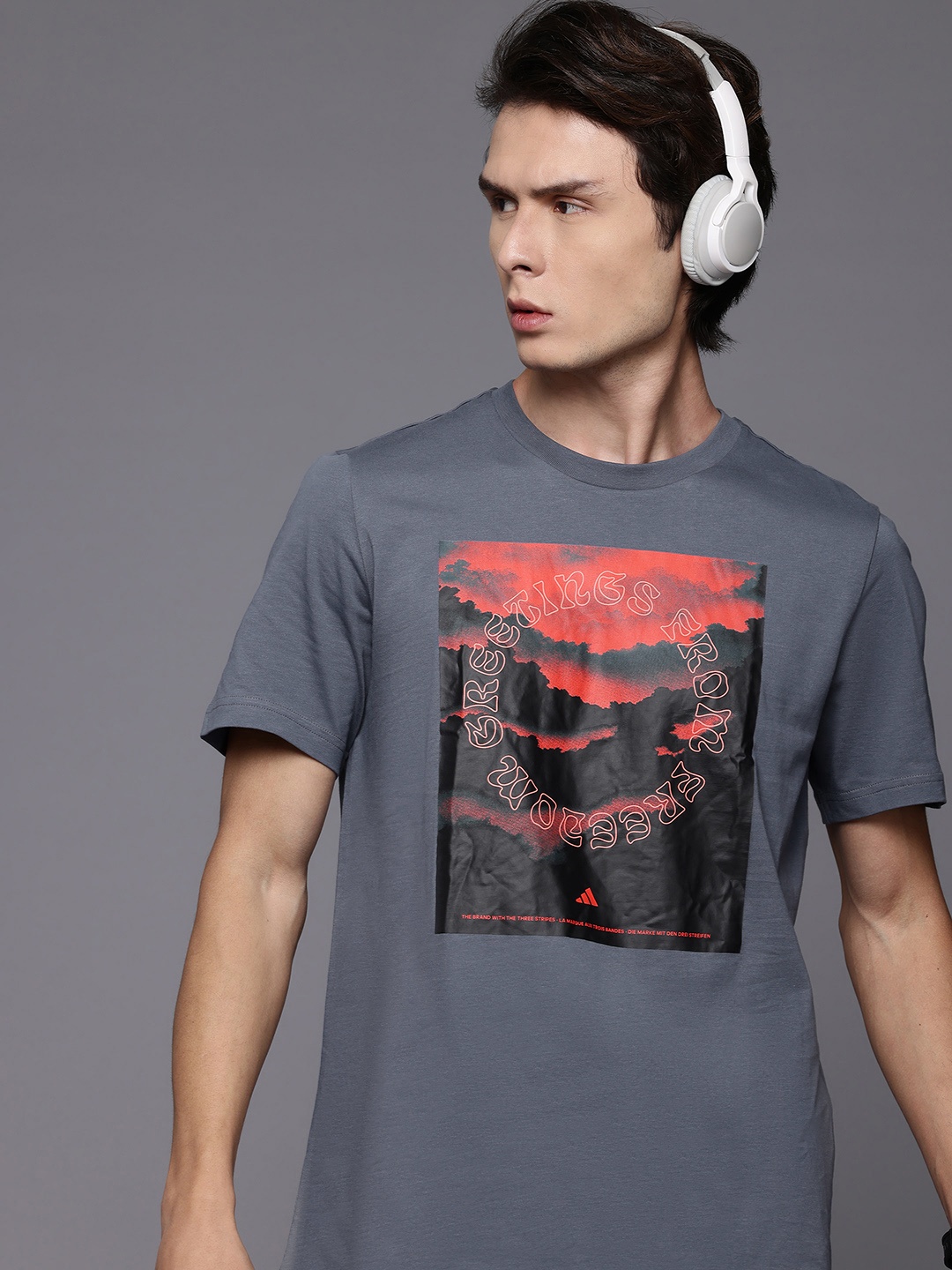 

ADIDAS Printed Drop-Shoulder Sleeves Graphic Cotton T-shirt, Grey