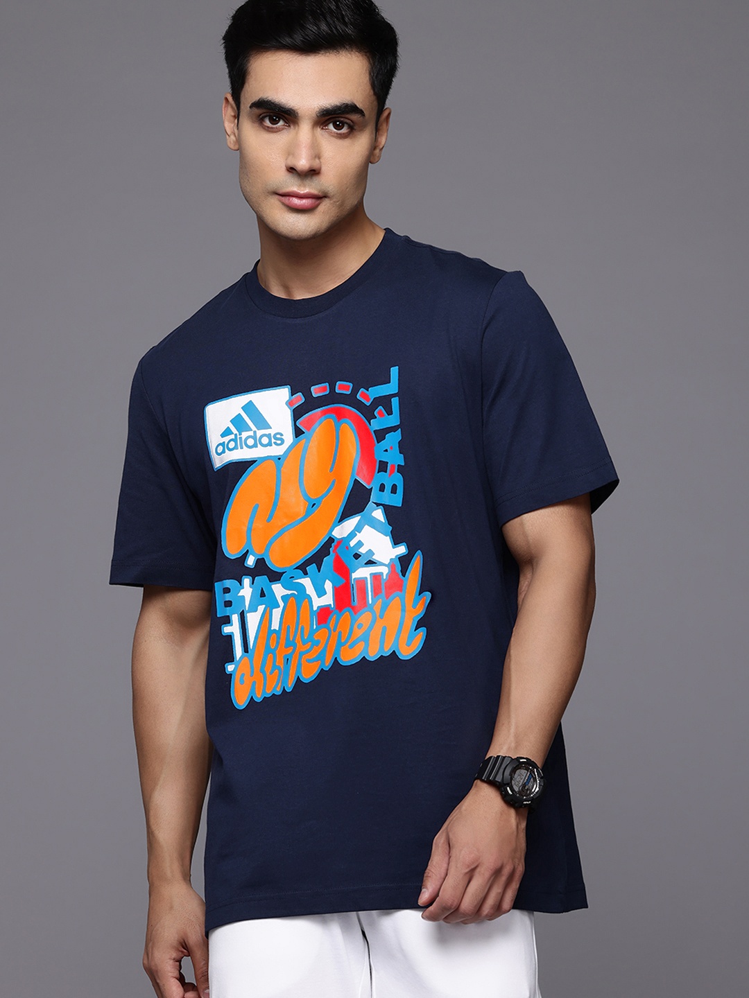 

ADIDAS NY Hoops Printed Cotton T-shirt, Navy blue